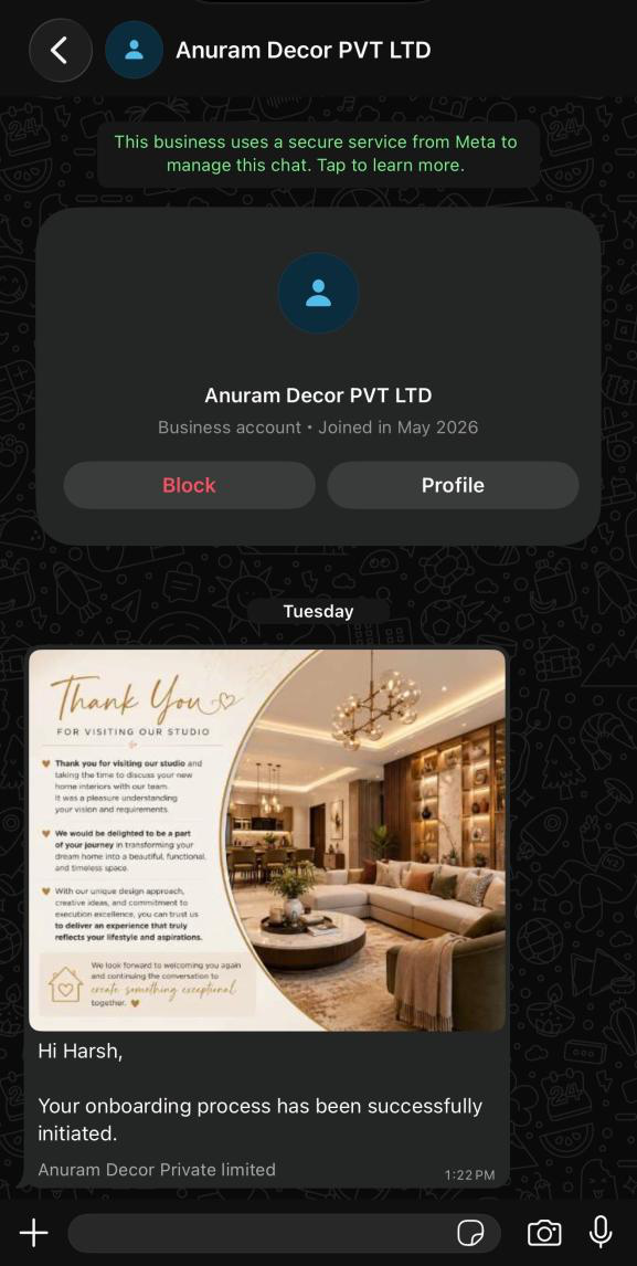 Automated WhatsApp onboarding message sent from Anuram Decor to a client